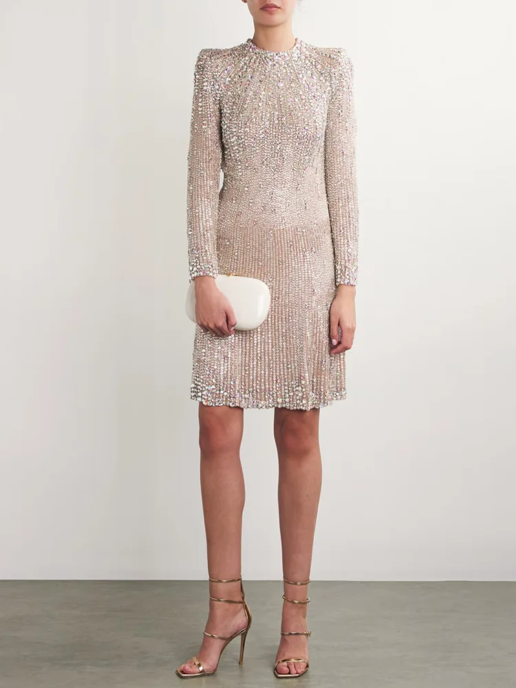 

2025 Women Celebrity Sexy Long Sleeve O Neck Beading Apricot Midi Bodycon Dress Elegant Evening Party Club Outfit Vestido