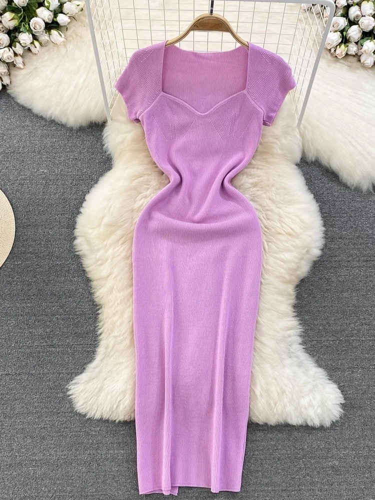 Coreano Sle Summer Knitted Dr Colletto quadrato ow Clavicola Dimagrante di media lunghezza Ba Split Wrap around Body a vita alta