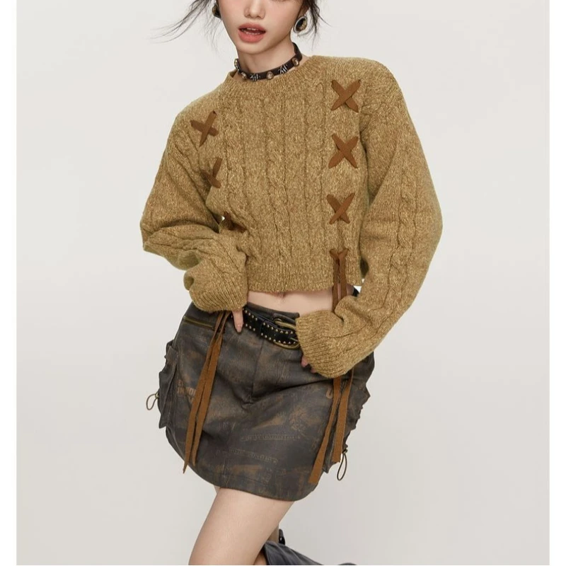 

Deeptown Vintage Sweaters Women Harajuku Y2k Lace Up Long Sleeve Crop Tops Korean Style Retro Autumn Winter Knitted Cardigans