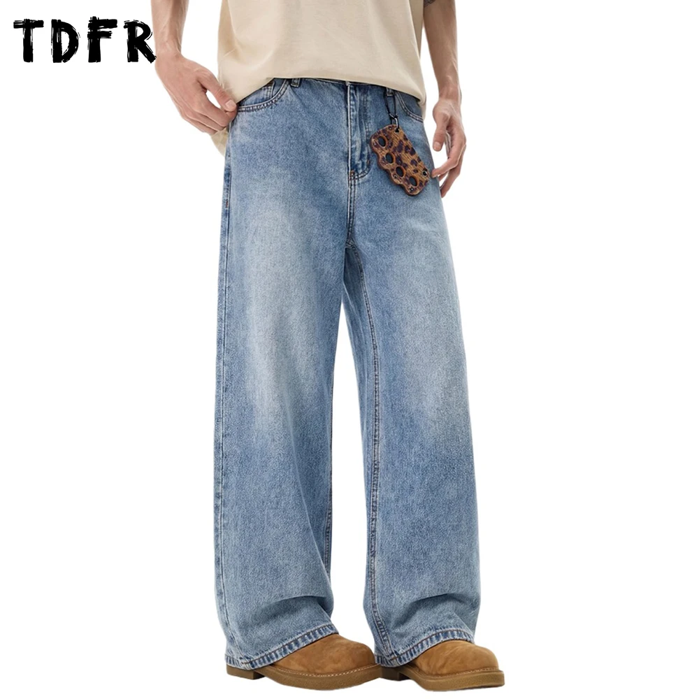 

Washed Distressed Bule Jeans Mens Simple Retro Casual Baggy Straight Wide Leg Pocket Denim Pants Man
