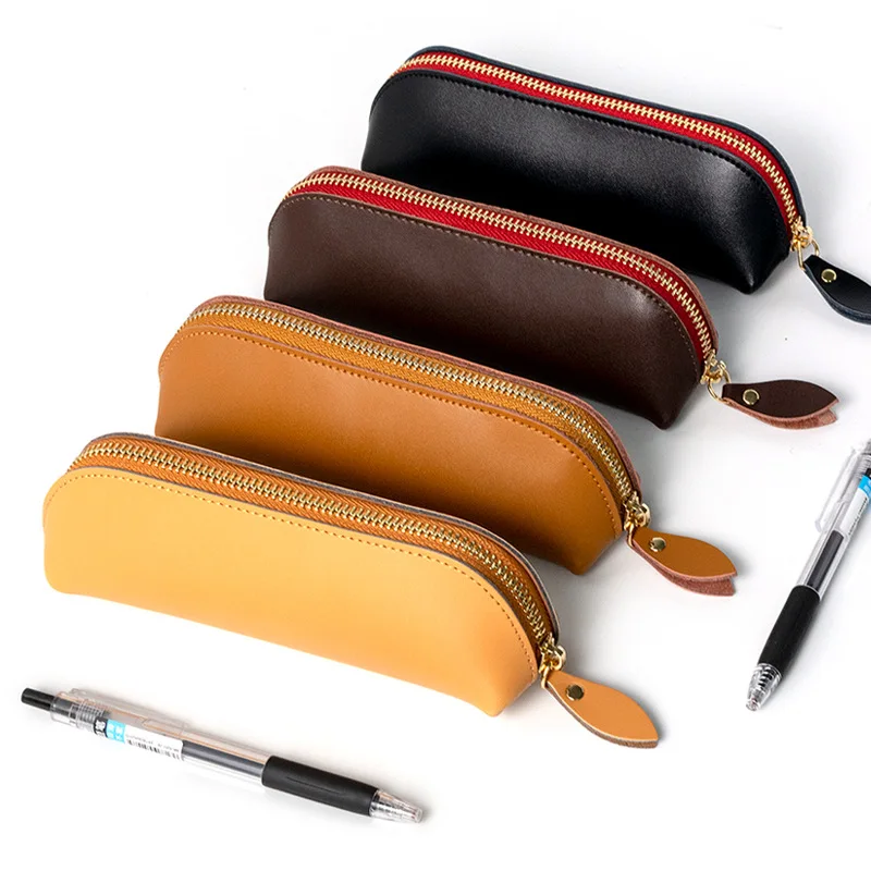 Cow Leather Solid Color Zipper Stationery Bag Pen Bag Large Capacity Student Stationery Box Pencil Case