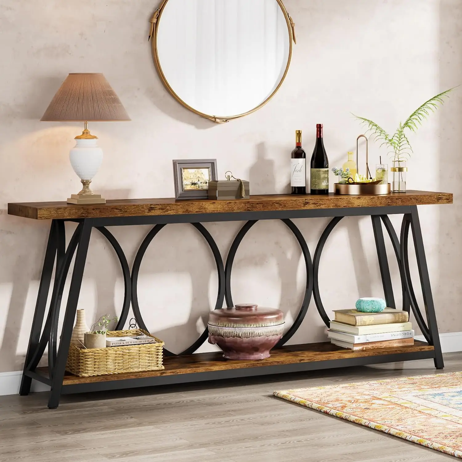 Table console extra longue de 70.9 pouces, table de canapé industriel derrière le canapé avec étagère de rangement à 2 niveaux, table d'appoint étroite pour entrée et couloir