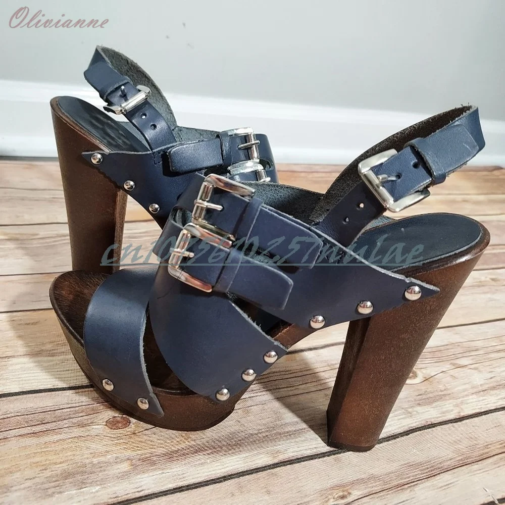 

Retro Style Dark Blue Buckle Belts Hollow Sandals Chunky High Heel Slingback Sexy Fashion 2025 Hot Girl Women Shoes Para Mujere