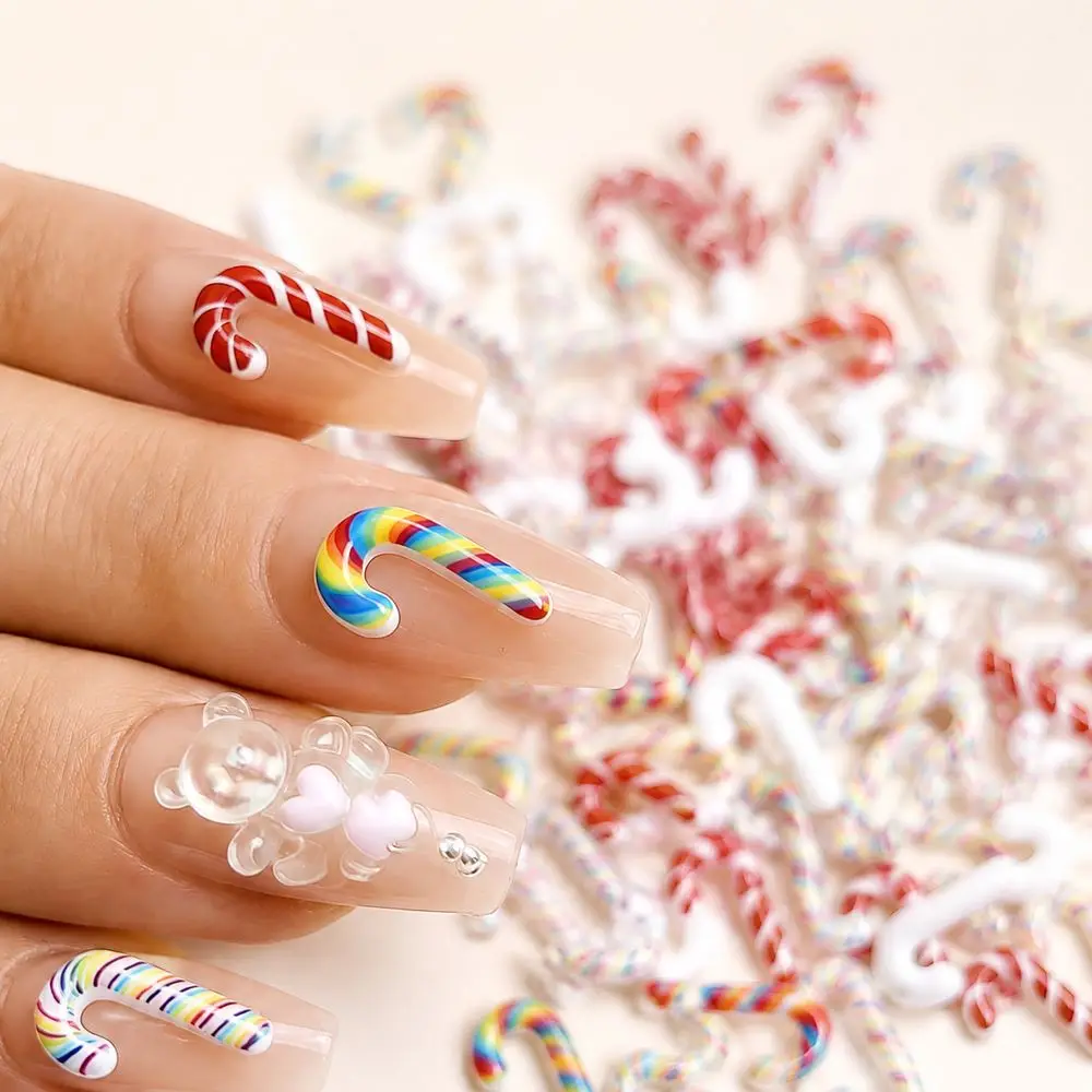 Christmas Holiday Nail Charms 50Pcs 3D Resin Mini Candy Cane Flat Back Ornament For Salon Manicure DIY Handmade Nail Decorations