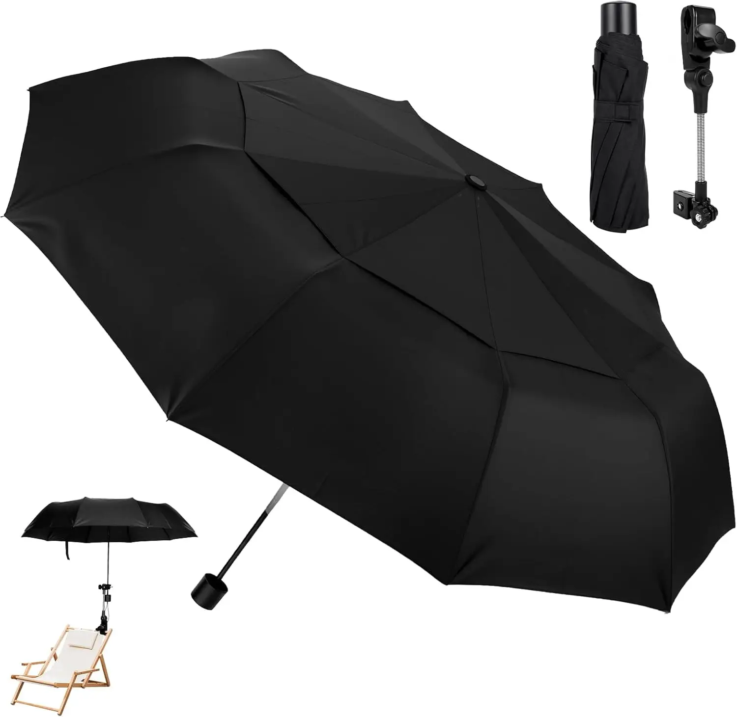 

Chair Umbrella with Universal Clamp, Double Canopy Sunshade, Adjustable 360° Swivel, UPF 50+ UV