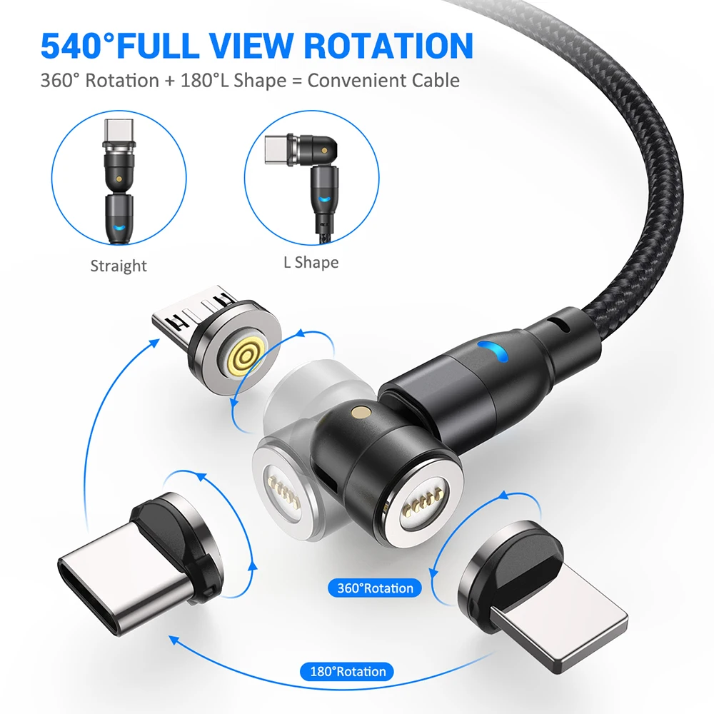 Kabel magnetyczny 540 AUFU 3A szybkie ładowanie kabla Micro USB typu C do Samsung Xiaomi do iPhone szybki magnes przewód do transmisji danych