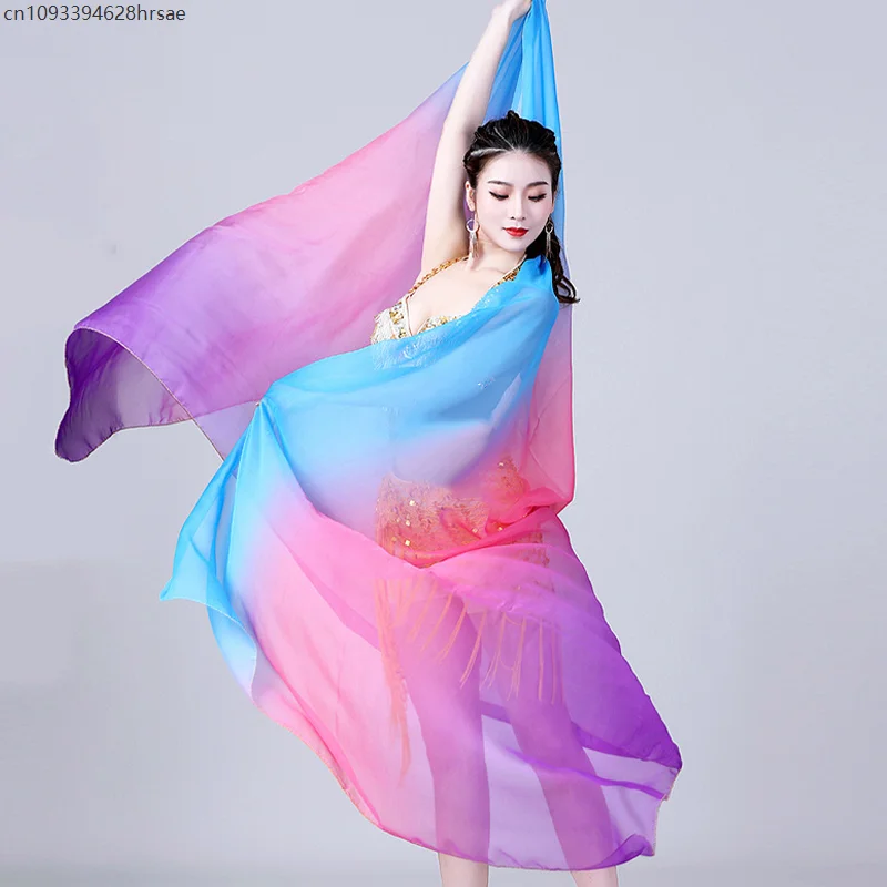 Women Belly Dance Silk Veils Gradient Hand Thrown Scarf Shawl 220/250cm Silk Veil Shawls Dance Stage Performance Props