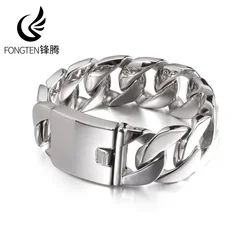 Fongten 21.5cm Cuban Chain Bracelet For Men Stainless Steel Curb Men Bracelets Bangles Heavy Hip Hop Jewelry Banquet Gift