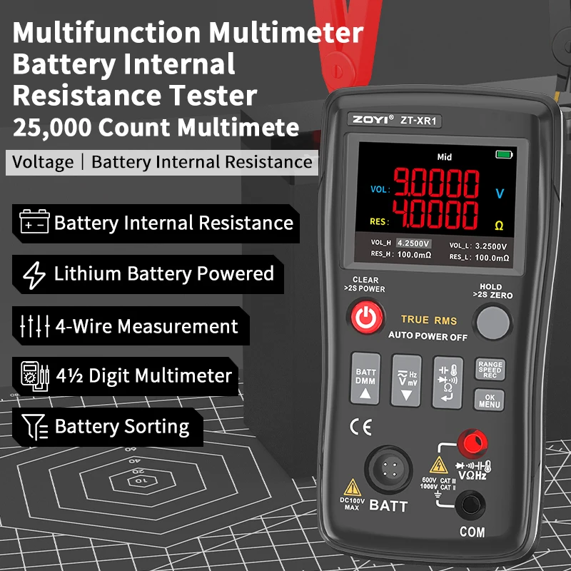 ZOYI ZT-XR1 Multimètre 2-en-1 à batterie lithium, testeur de résistance interne, haute précision, tension et résistance pour accumulateur 18650