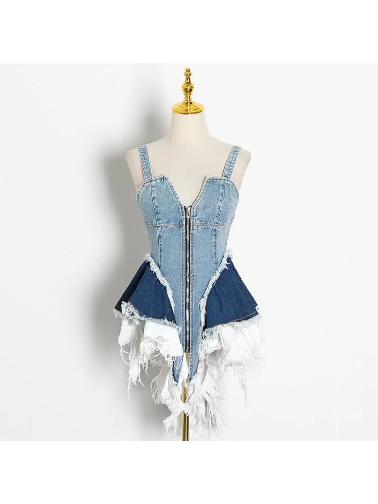 Spaghetti Strap Denim Dresses 2024 Summer Sexy Color Matching Denim Waist Slim Vest Women's Suspenders Dress