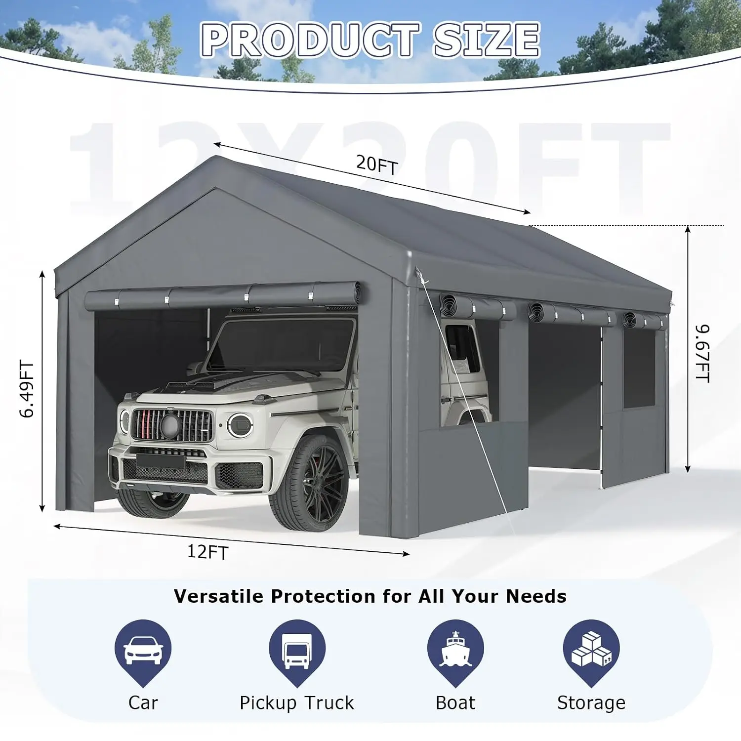 Heavy-duty car port with Roll-up Windows and Removable Sidewalls, Easy Assembly, for car/truck/SUV/boat