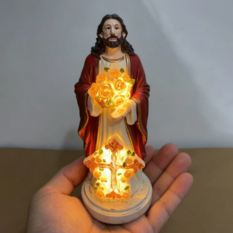 Jesus Virgin Mary Resin Statue Our Lady of Grace Figurine with LED Light Glow in the Dark Christian Religious Home Decor Gift