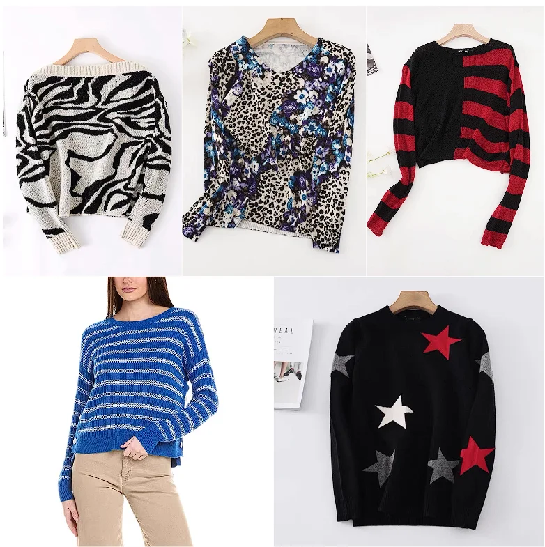 

European and American original single women's knitted sweater light luxury loose print contrasting color design pullover sweater
