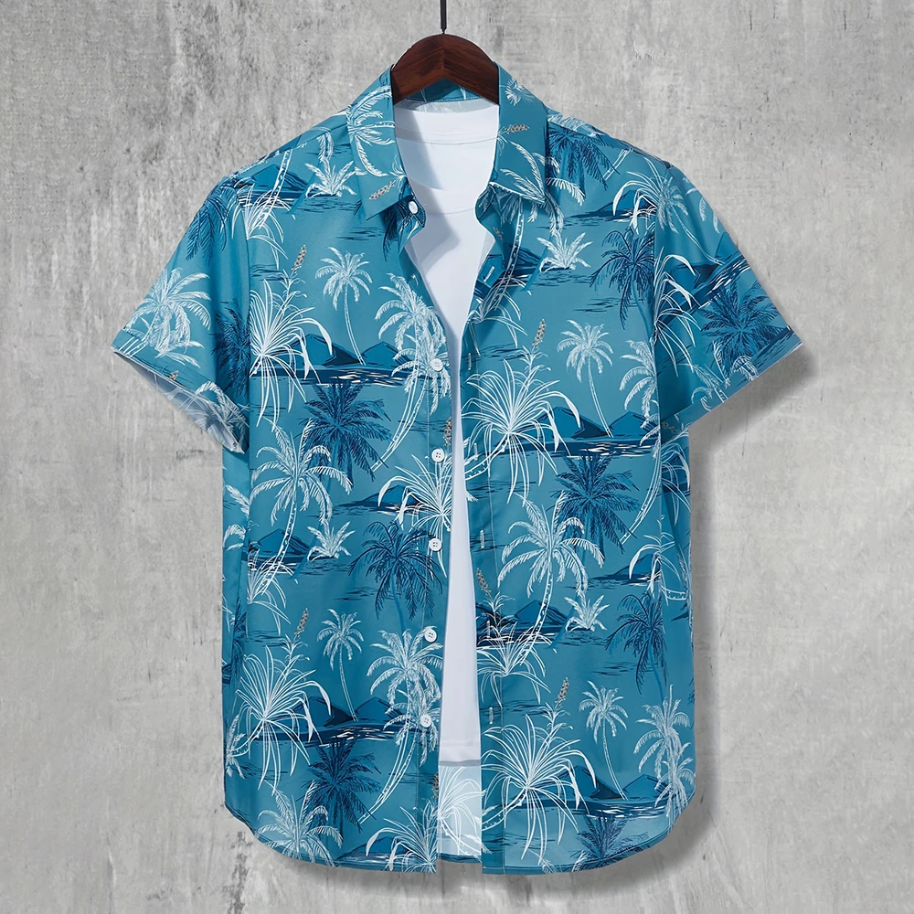 

Summer Men'S Shirt Hawaii Vacation Shirt Fashion Coconut Tree Print Shirt Men'S Casual Lapel Button-Up Short-Sleeved Shirt