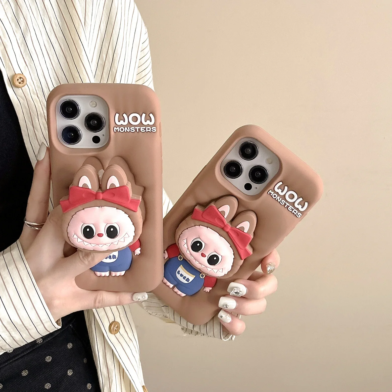 

Kawaii LaBuBu 3D Stereoscopic Soft Silicone Cover With Holder Case for iPhone 16 15 14 13 12 11 Pro Max Soft Silicone Cover Case