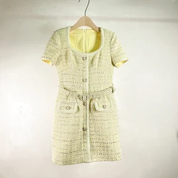 French Fashion New Autumn Winter Yellow Plaid Tweed Square Collar Dress Women Single Breasted Short Sleeve Weave Belt Clothes