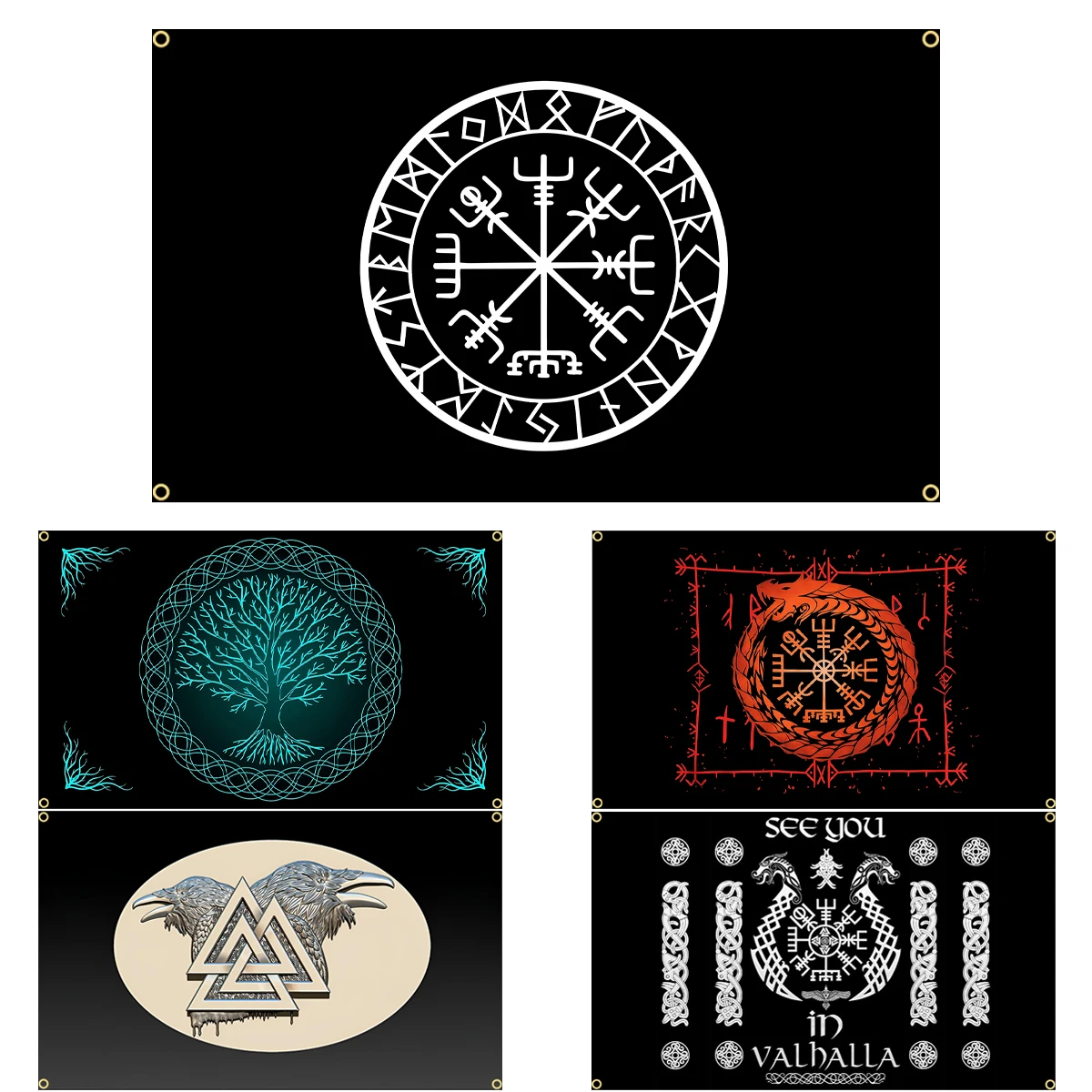 FLAGDOM 3x5Ft 90X150CM Viking Nordic Flaga / Gobelin Poliester Nadruk Viking Mistyczny Symbol Baner Do Dekoracji