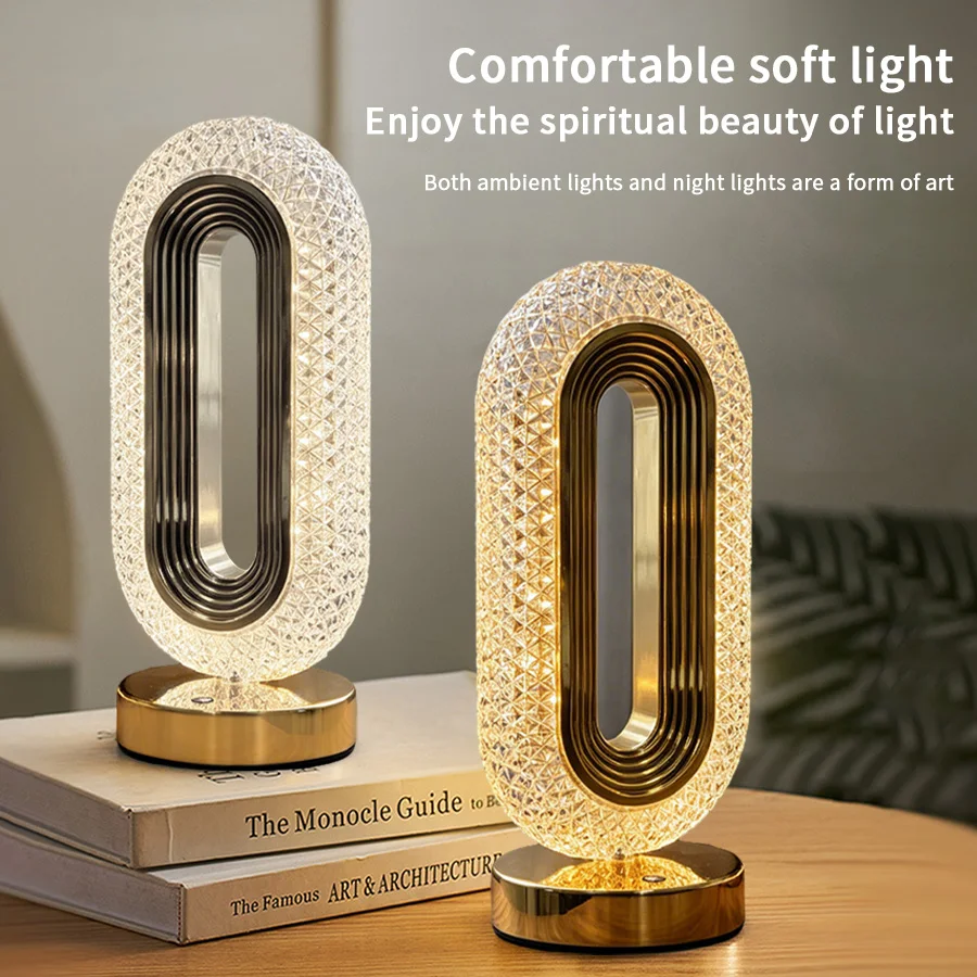 Bedroom bedside table lamp, rechargeable touch light, crystal modern oval lamp bedside table lamp, dormitory living room office