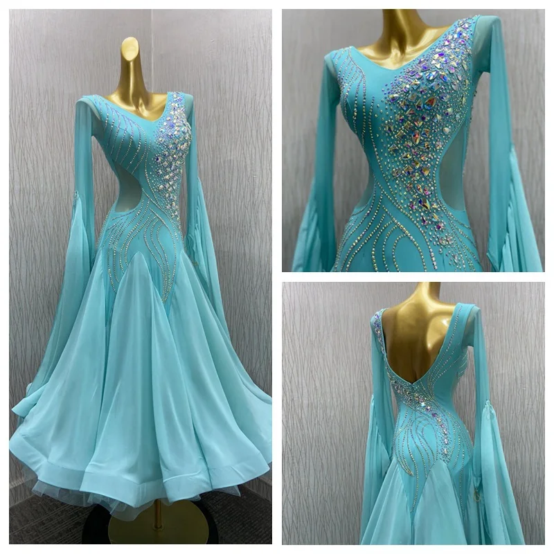 

ballroom dance competition dress Standard Dance Dress green Costume ballroom dancing dresses balroom dancewear Long Sleeve