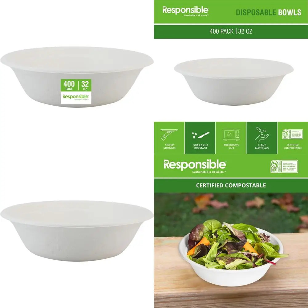 

Eco-Friendly Disposable Paper Bowls, 32oz Capacity for Hot Soup, 400 Count, Heavy Duty for Dinner and Desserts, Made in USA