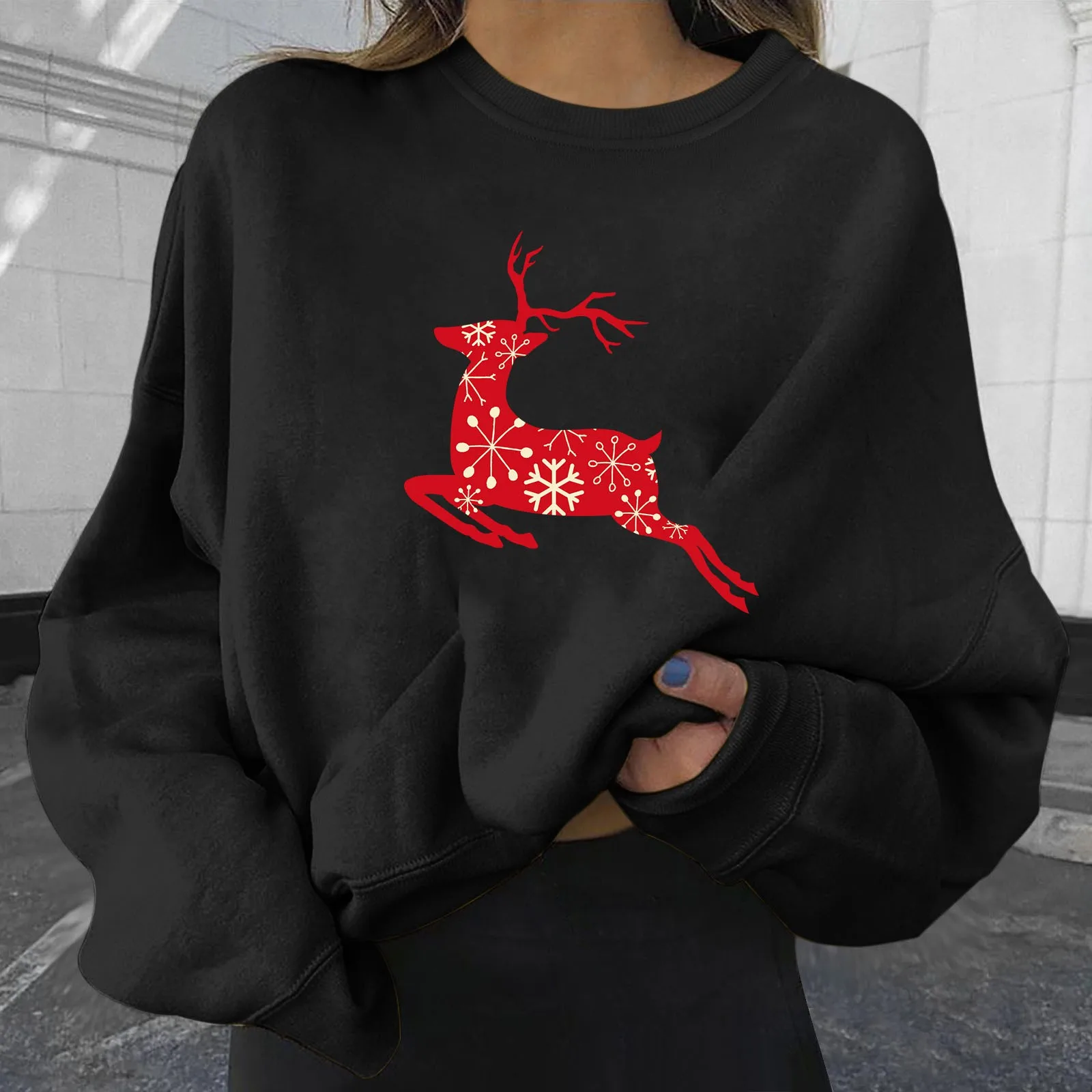 

Women's Christmas Loose O-Neck Print Long Sleeves Easy Shirts Blouses Tops Casual Sweatshirt Womens Snap Front Sweatshirt