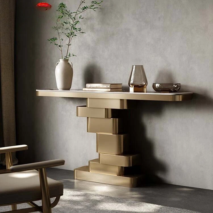 

Xuanguantai light luxury high-end entrance corridor aisle stainless steel brushed craft rock slab entrance table, Xuanguantai