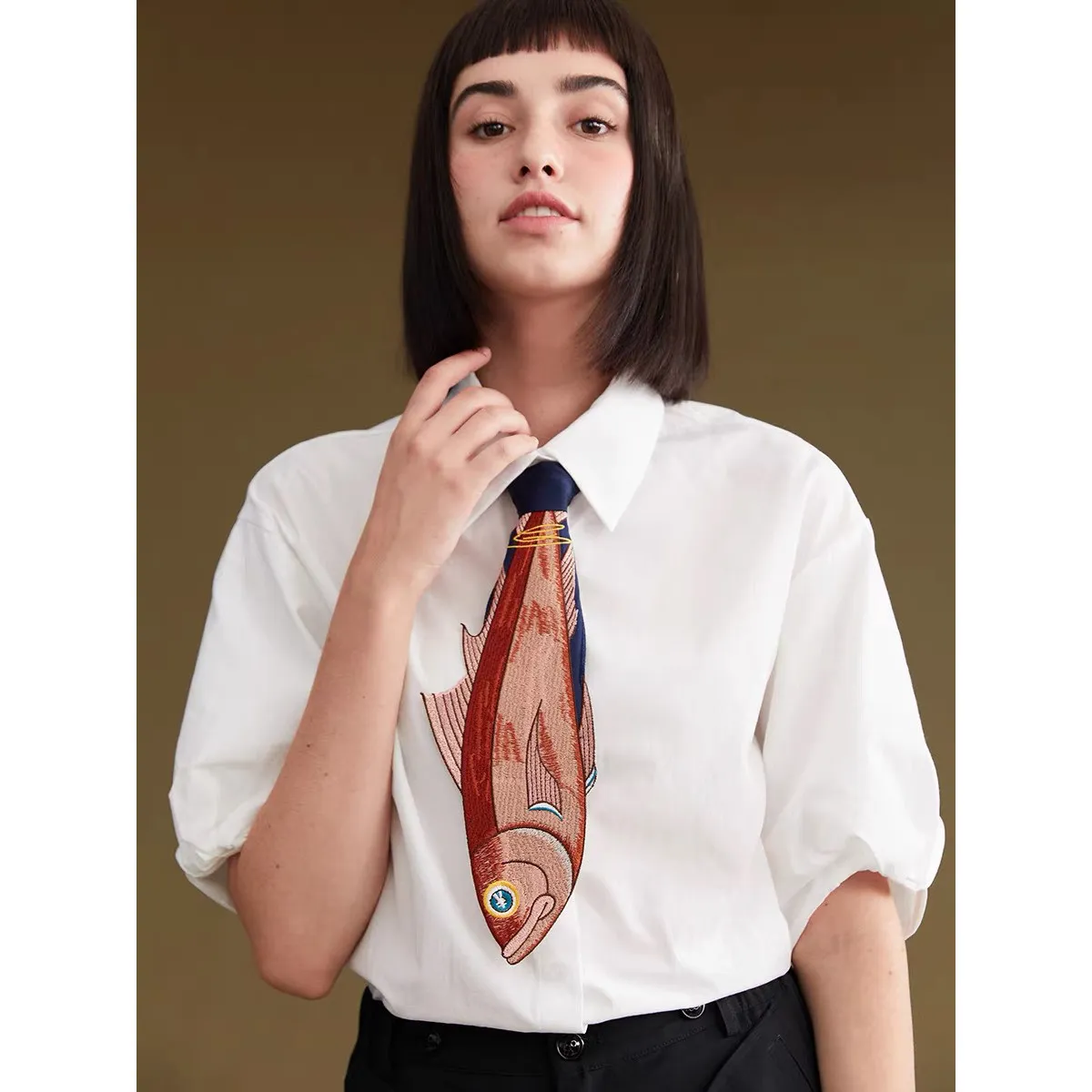 オリジナルデザイン-サマーセンス-イレギュラーファンフィッシュ刺繍-スプライシングタイアクセサリー