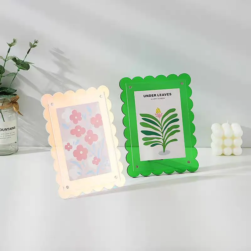 Acrylic Picture Frames Scalloped with Detachable Stand,Vertical and Horizontal Tabletop Display, Magnetic Photo Frames