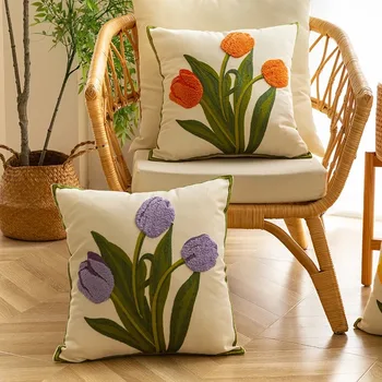 Embroidered Tulip Cotton Pillow Cover 1
