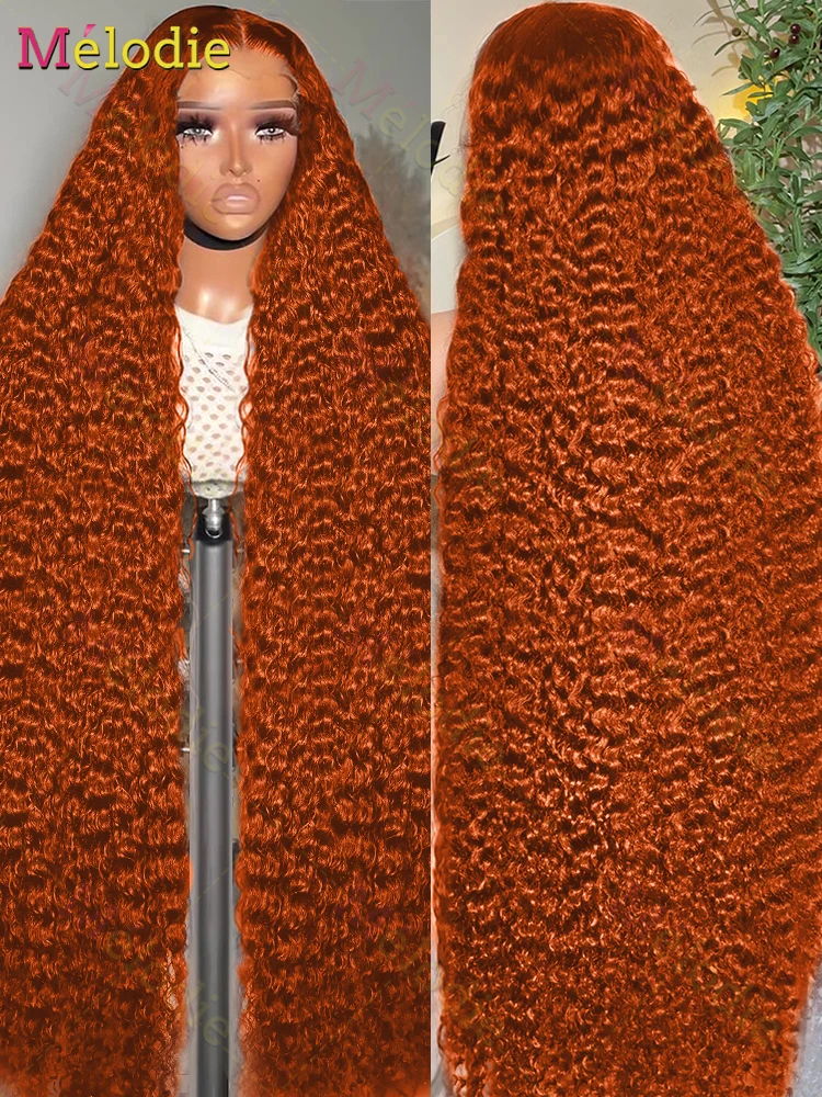 40 Inch Ginger Orange Deep Wave Human Hair Wig 13X6 HD Transparent Lace Frontal Wig 220 Density Curly Colored Lace Front Wigs