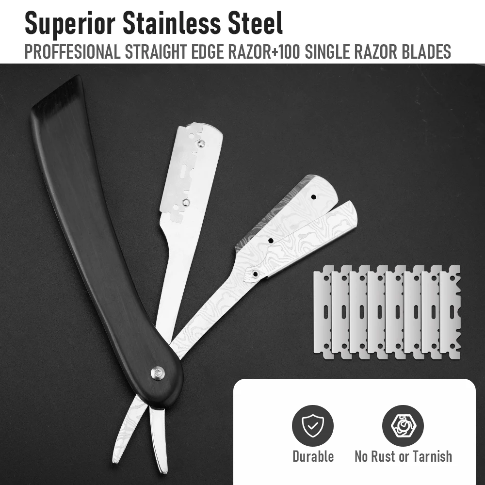 Professional Manual Shaver Stainless Steel Shaver Men's Barber Shaving Rack with 100 Single blades Shaving Knife Barber Tool