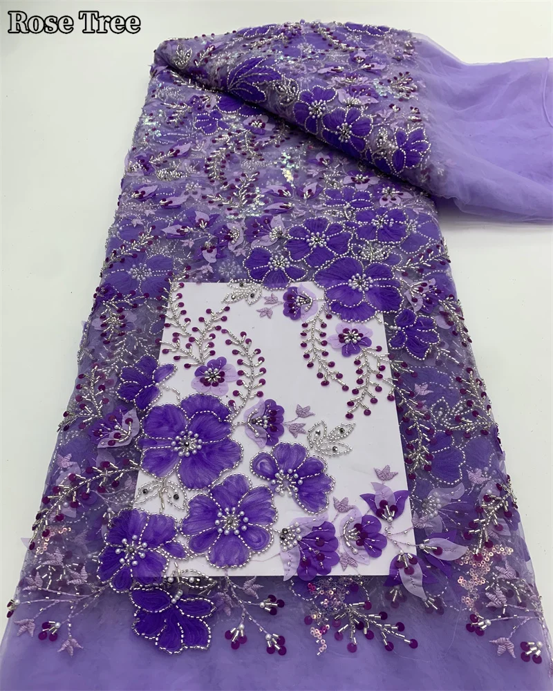 Luxurious Nigerian Handmade Beads Lace Fabric 2024 High Quality Purple Embroidery African Lace Fabric For Dresses Sewing