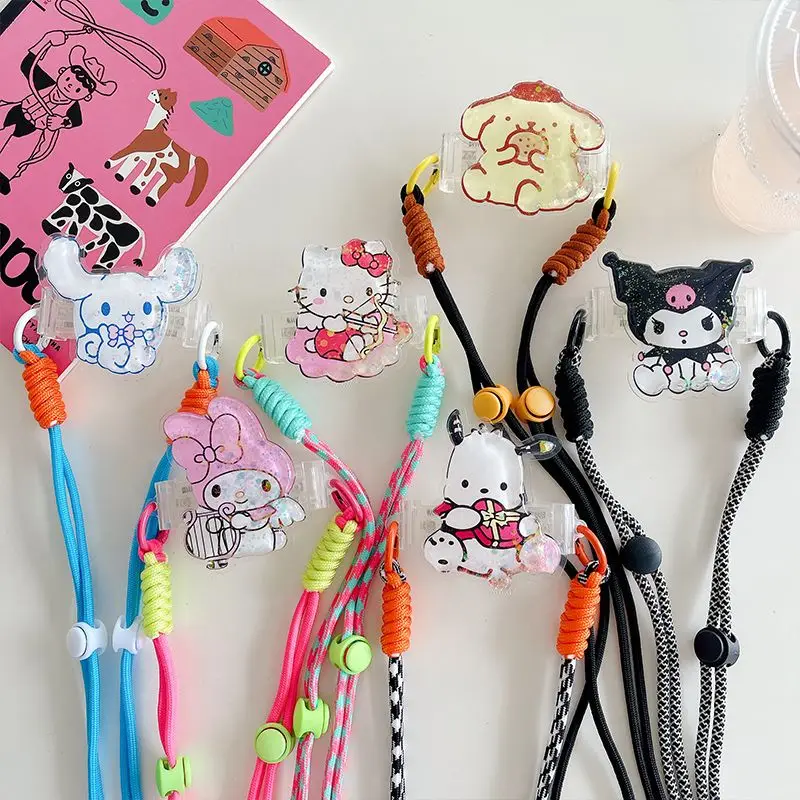 Ins Sanrio Quicksand Patch Cell Phone Back Clip Braided Crossbody Kuromi Mymelody Cinnamoroll Pochacco Anti-Lost Lanyard Clip