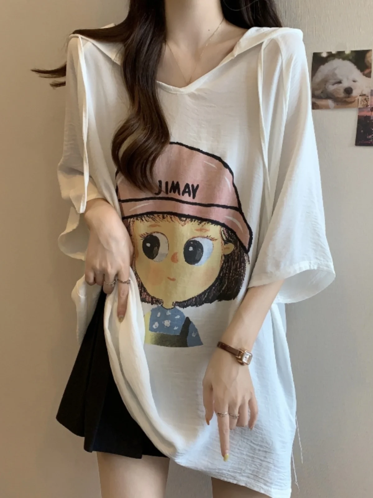 Loose Fit Short Sleeve Hoodie T-Shirt Women's Summer Base Layer Shirt plus Size Trendy Mid-Length Butt Covering Top