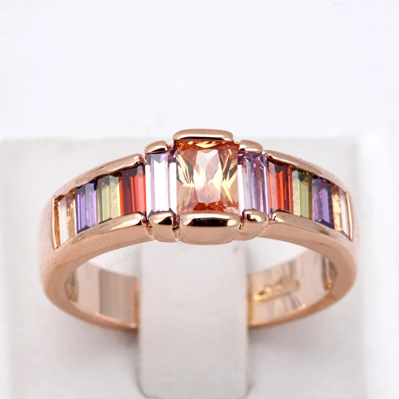 Top Quality Multi Crystal Rainbow Ring Rose Gold Color Jewelry Austrian Crystals Full Sizes ZYR307