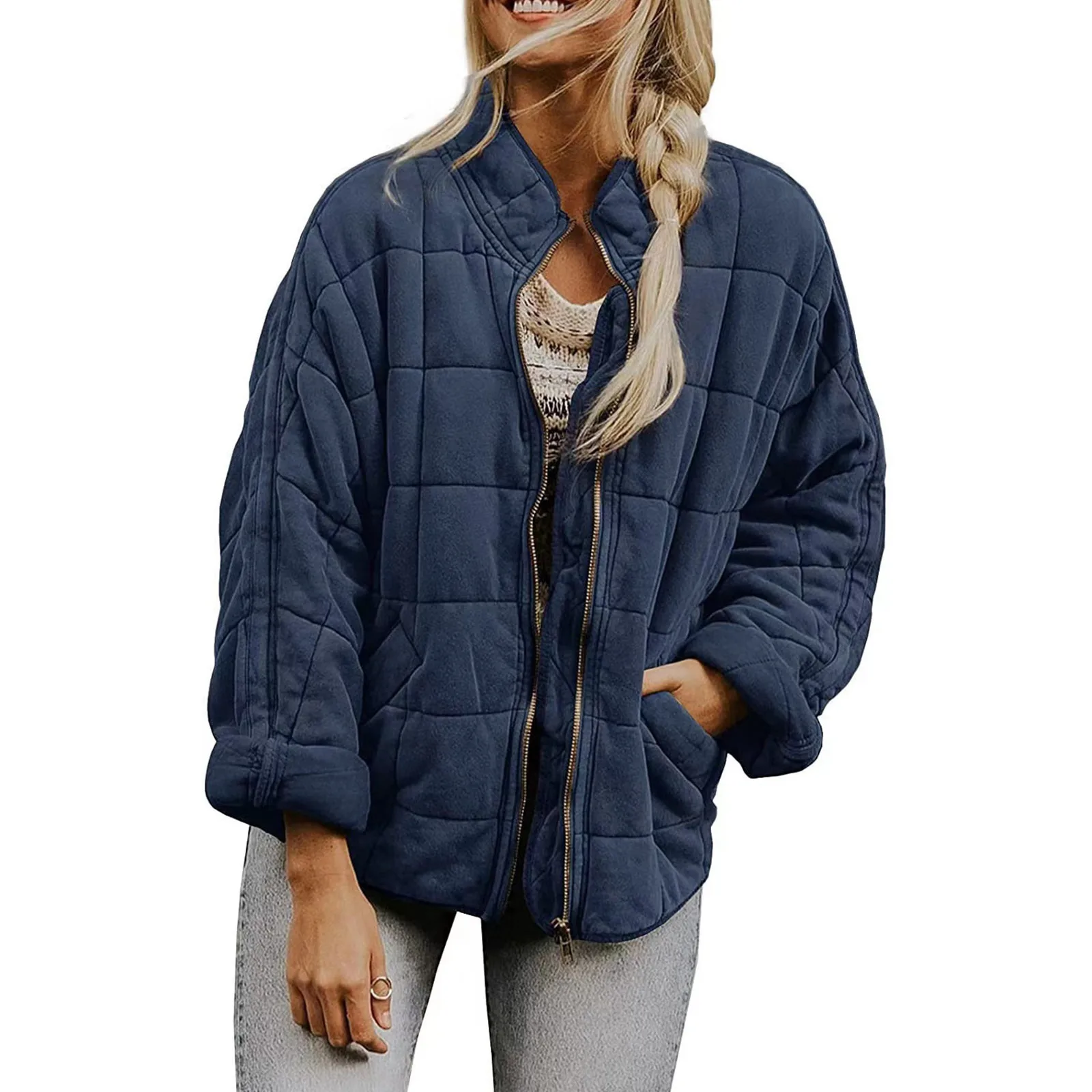 Casual Jackets Outerwears Autumn/Winter 2024 Vintage  Women\'s Neck Women Fashion Quilted  Female Pocket Padded Zipper Stand