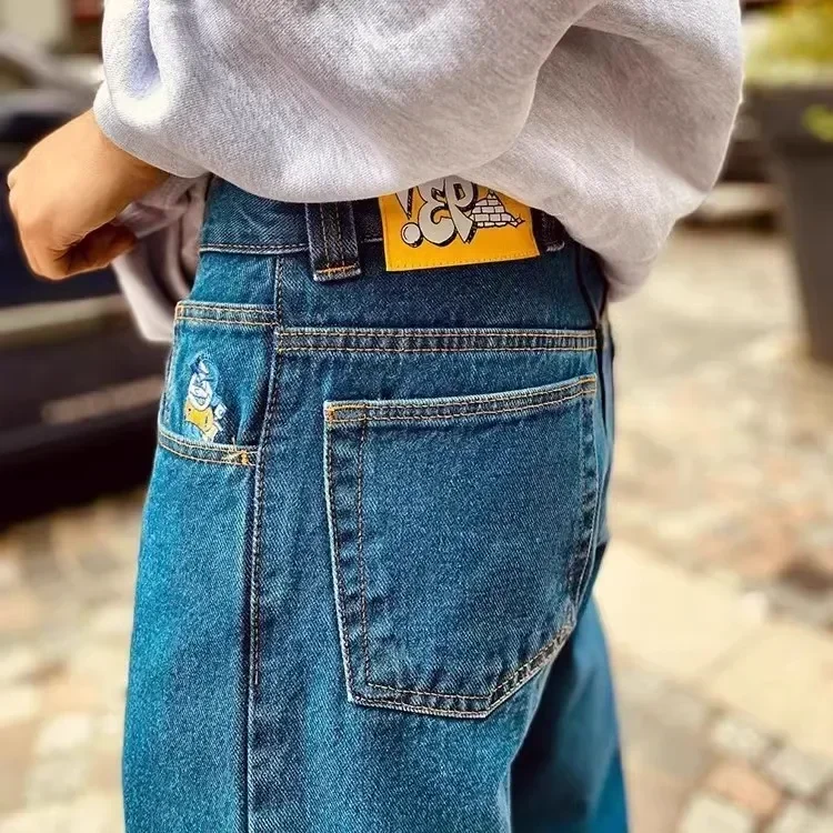 Jeans baggy com bordado gráfico para homens e mulheres, Y2K Hip Hop, desenhos animados góticos, calça preta, Harajuku, cintura alta, calça larga, menino grande