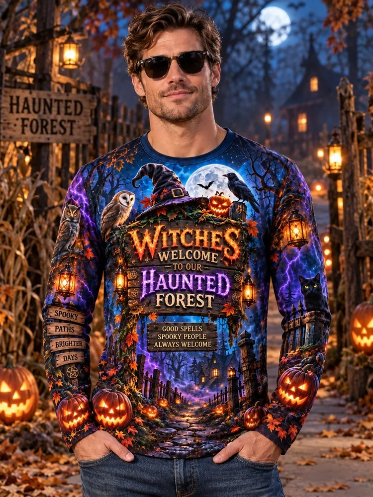 Men's Halloween Witches Welcome Haunted Forest Long Sleeve T-Shirt Owl Raven Cat Pumpkin Moon Lantern Graphic Tee Tops Gift