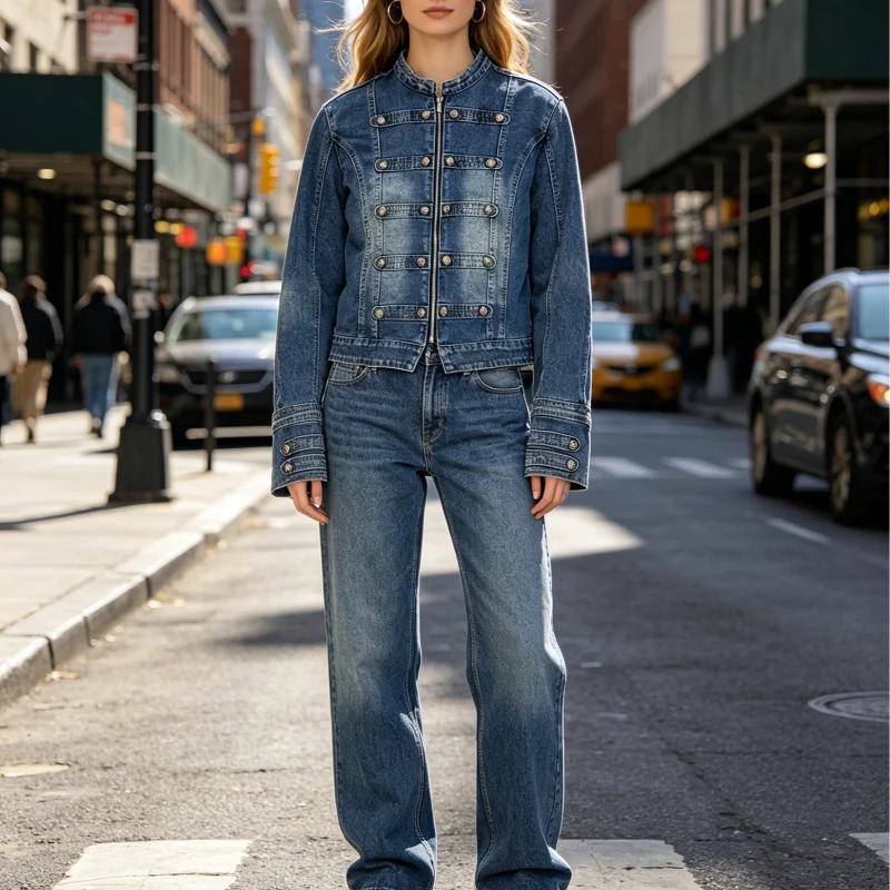 Retro washed old denim jacket jacket British style slim jacket buttons metal decorative personality high street fashion 2026 new