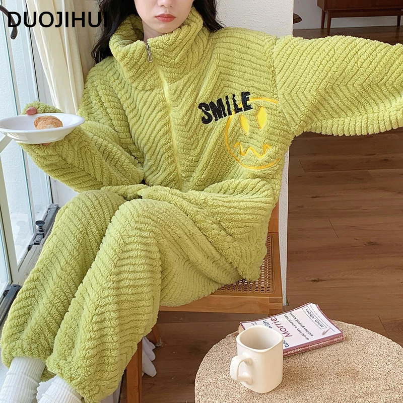 

DUOJIHUI Green Simple Letter Print Fashion Women's Pajamas Set Winter Chic Flannel Loose Thick Warm Casual Female Sleepwear Set