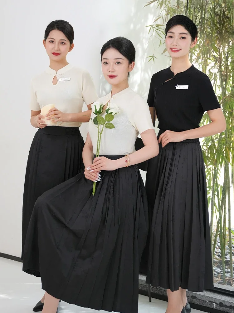 2025 New Arrivals Beautician Work Clothes Female Chinese Style Blouse and Horse Skirt Set Logo Customize Spa Uniforms Women