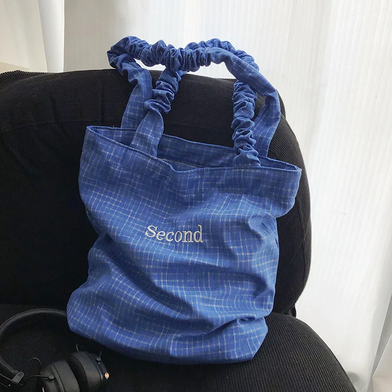 

2025New Year Fashion Plaid Single Shoulder Bag for Women Korean Style Pleated Handbag Canvas Bag Simple Tote Shopping Bag