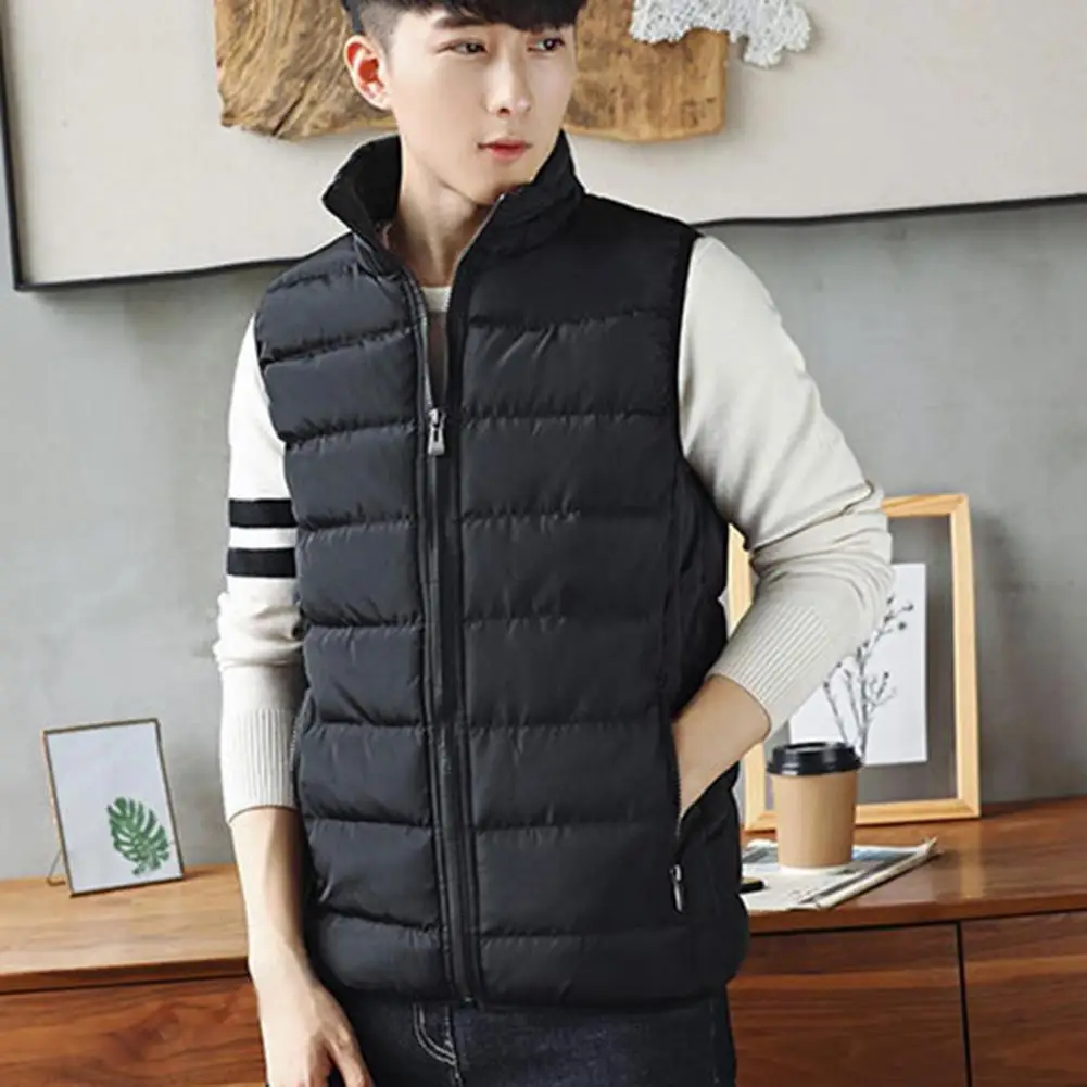 

Men Winter Waistcoat Thick Padded Soft Warm Sleeveless Vest Jacket Zip Up Stand Collar Neck Protection Men Warm Vest Coat