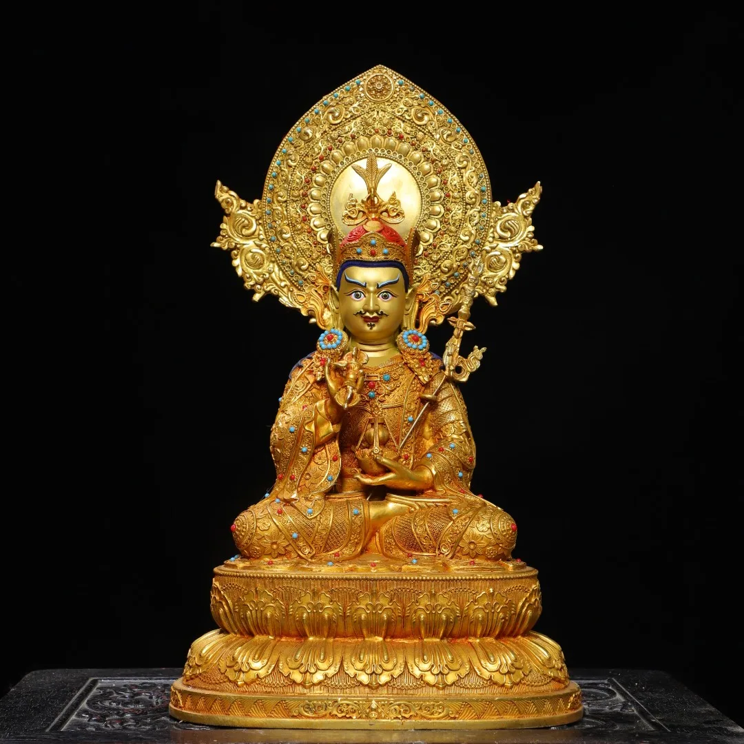 Old Bronze Gilded Painted Face Mosaic Gem Gilded Painted Face Head backlight Guru Rinpoche  Standing Buddha Double Lotus Terrace