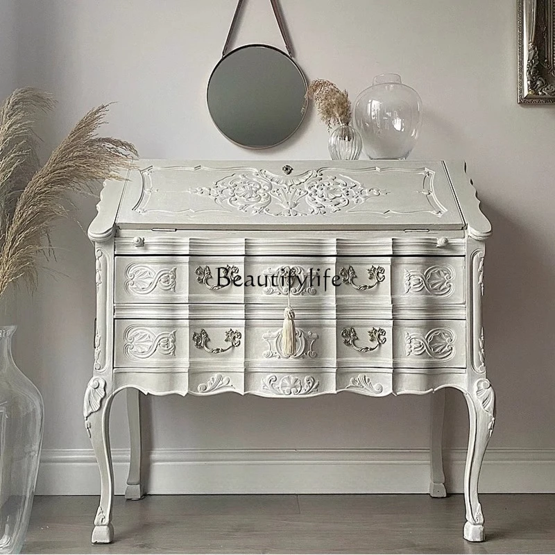 

Nordic French Style Solid Wood Dressing Table European Light Luxury Carved Storage Cabinet with Liftable American Style