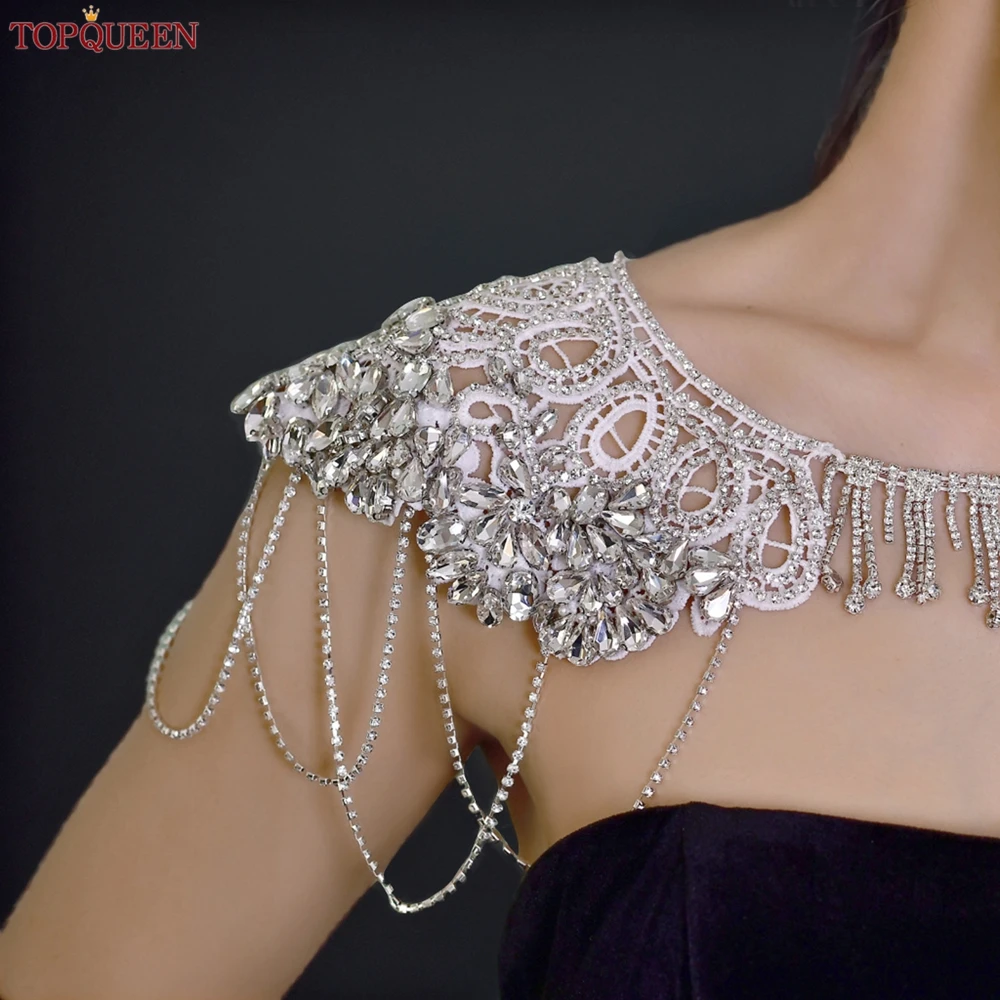 TOPQUEEN Wedding Shrug Luxury Bridal Shawl Diamond Tassel Chain Women Shoulder Chain Shoulder Decoration Party Accessories SG40