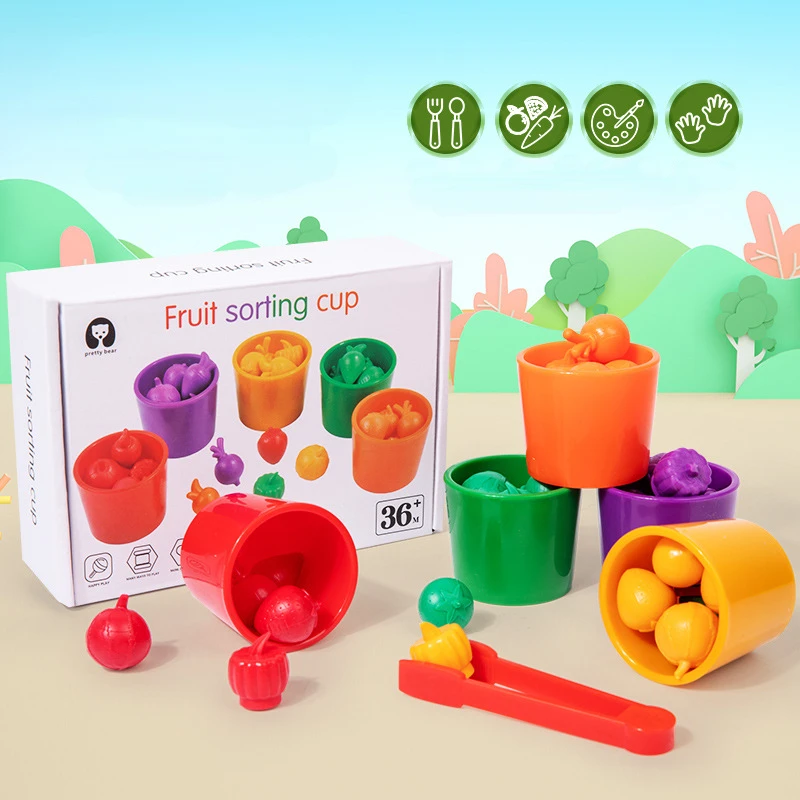 

Montessori Color Sorting Toys Fruit Color Matching Sensory Game Wooden Peg Dolls in Cups Toddler Early Education Learning Toys