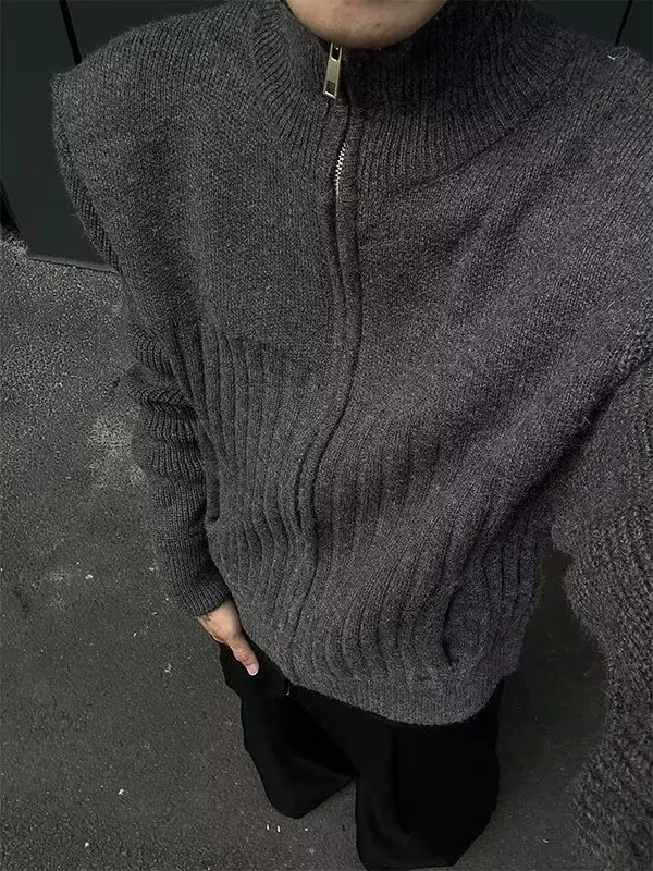 

Deep ey Zipper Cardigan Men's Autumn Winter Lazy Sle Knitted Sweater American Stand Collar Jaet Soft Casual Loose Fit