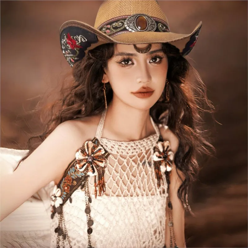 

New woven ethnic cowboy hat sunshade embroidered wide brim top