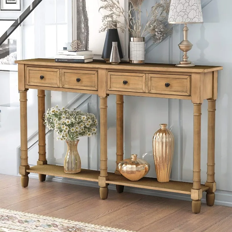 Knocbel Long Accent Entry Console Table with Drawers & Bottom Open Shelf, Solid Wood Sofa Couch Side Table for Entryway